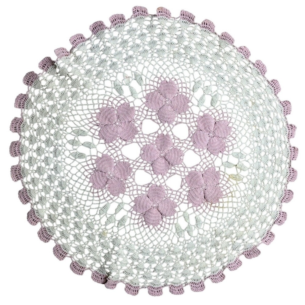 Vintage Doily Centerpiece White Pink Floral Handmade Crochet Romantic 18" *spots